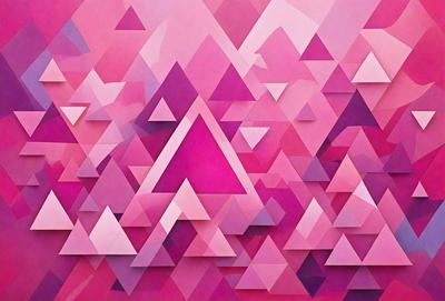 The primary subject of the image is a large, colorful, and abstract artwork featuring a pink background with a pattern of triangles. The setting is a gallery or an artistic display, showcasing the artwork as the main focus. The visual style is a combination of digital art and illustration, creating a vibrant and dynamic atmosphere. The dominant colors are pink and purple, giving the artwork a warm and inviting feel.