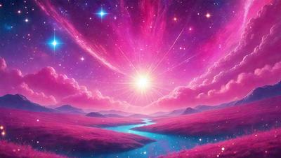 The primary subject of the image is a beautiful sunset with a pink sky. The setting is a serene landscape featuring a river, mountains, and a cloudy sky. The visual style is a digital art or illustration, creating a vibrant and captivating scene. The dominant colors are pink and purple, giving the image a warm and calming atmosphere.