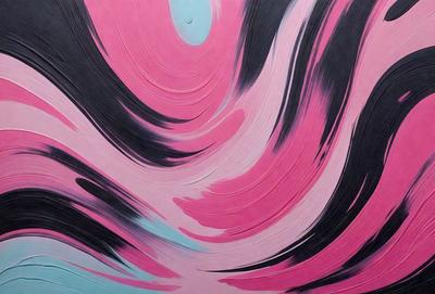 The primary subject of the image is a painting featuring a swirling, pink and blue design. The setting is a canvas, and the visual style is a painting. The dominant colors in the painting are pink and blue, creating a vibrant and lively atmosphere.