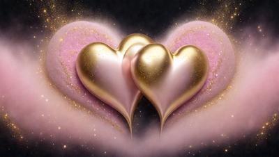 The primary subject of the image is a pair of gold hearts, which are the main objects in the scene. The hearts are placed against a black background, giving the image a dramatic and artistic visual style. The gold hearts are the dominant colors in the image, creating a warm and luxurious atmosphere.