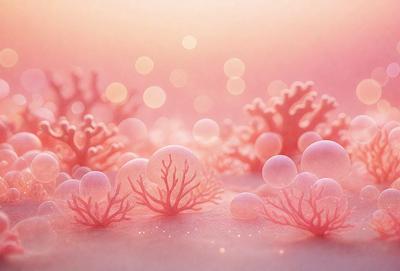 The primary subject of the image is a close-up of a coral reef, featuring a variety of coral and other sea creatures. The setting is a pinkish-purple background, which adds a unique and vibrant atmosphere to the scene. The visual style is a combination of photo and digital art, creating a realistic yet artistic representation of the underwater environment. The colors and mood of the image are predominantly pink and purple, giving it a warm and inviting feel.