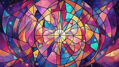 The primary subject of the image is a colorful, stained glass-like design featuring a sun in the center. The setting is a circular pattern, and the visual style is a combination of digital art and illustration. The colors and mood of the image are vibrant and lively, with a focus on the warm hues of the sun and the surrounding patterns.