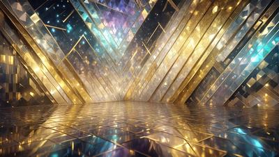 The primary subject of the image is a large, shiny, gold-colored wall with a geometric pattern. The setting is a room with a floor that reflects the light from the wall, creating a visually striking scene. The visual style of the image is a combination of photo and digital art, as it appears to be a photograph of a digital art piece. The dominant colors in the image are gold and purple, creating a warm and luxurious atmosphere.