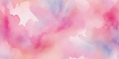 The primary subject of the image is a pink and purple watercolor painting. The setting is a cloudy sky, and the visual style is a watercolor painting. The dominant colors are pink and purple, creating a warm and inviting atmosphere.