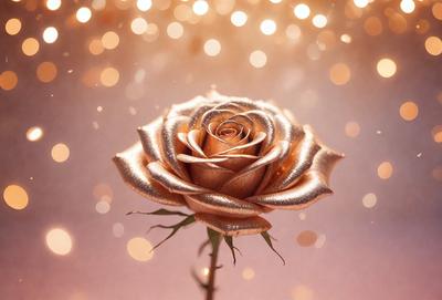 The primary subject of the image is a single rose with a gold or brown color. The rose is placed in a setting with a pink background, which adds a contrasting color to the scene. The visual style of the image is a close-up of the rose, showcasing its details and texture. The colors and mood of the image are warm and inviting, with the gold or brown rose and the pink background creating a sense of elegance and beauty.
