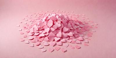 The primary subject of the image is a pile of pink hearts. The hearts are scattered across a pink surface, creating a visually appealing and playful scene. The setting appears to be a creative and artistic environment, possibly a workspace or a display for a craft project. The visual style of the image is a combination of photo and digital art, as the hearts are arranged in a way that resembles a painting or a digital illustration. The colors and mood of the image are predominantly pink