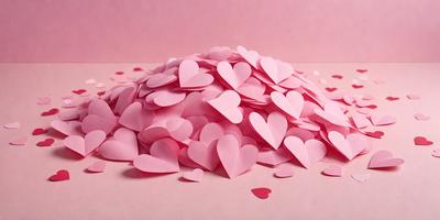 The primary subject of the image is a pile of pink paper hearts. The setting is a pink background, which adds to the overall mood of the scene. The visual style is a close-up of the paper hearts, showcasing their intricate details. The colors and mood of the image are predominantly pink, creating a warm and inviting atmosphere.