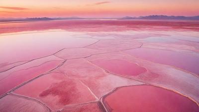 The primary subject of the image is a large, pink, and white lake. The lake is surrounded by mountains, creating a picturesque and serene landscape. The visual style of the image is a photo, capturing the beauty of the natural environment. The dominant colors of the scene are pink and white, giving the lake a unique and striking appearance. The overall atmosphere of the image is one of tranquility and awe, as the viewer is drawn into the stunning beauty of the lake and its surroundings.