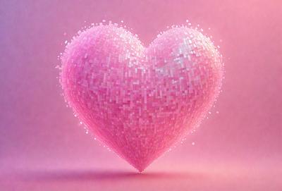 The primary subject of the image is a heart-shaped object, which is a digital art piece. The heart is pink and is placed on a pink background. The visual style of the image is digital art, and the colors and mood are predominantly pink, creating a warm and inviting atmosphere.