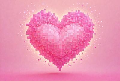 The primary subject of the image is a pink heart made of blocks. The heart is the main object, scene, or focus of the image. The setting/background is a pink surface, which adds to the overall atmosphere. The visual style of the image is digital art, as it is a digital representation of a heart made of blocks. The colors and mood of the image are predominantly pink, creating a warm and inviting atmosphere.