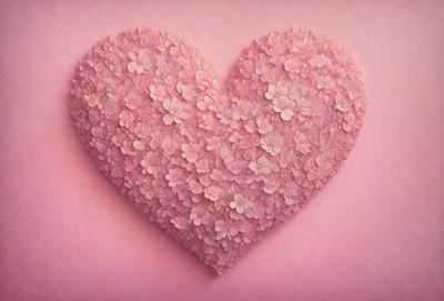 The primary subject of the image is a heart-shaped arrangement of pink flowers. The heart is made up of many small flowers, creating a visually appealing and heartwarming display. The setting is a pink background, which complements the color of the flowers and adds to the overall mood of the image. The visual style of the image is a combination of photo and digital art, as it appears to be a close-up of the heart-shaped arrangement of flowers. The colors and mood of the image