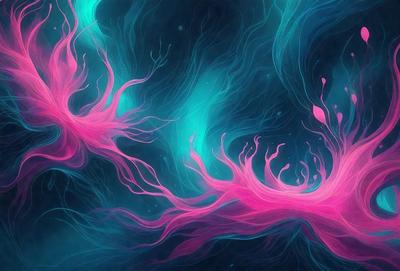 The primary subject of the image is a vibrant, colorful, and abstract artwork featuring a pink and blue color scheme. The setting is a dark, blue background that contrasts with the artwork, creating a striking visual effect. The visual style is a combination of digital art and illustration, with a focus on the artistic expression of the artist. The colors and mood of the image are energetic, lively, and full of life, reflecting the creative and imaginative nature of the artwork