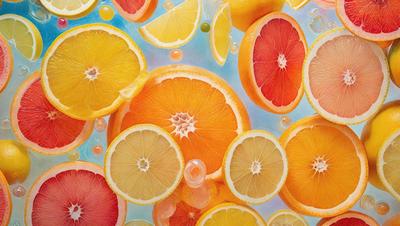 The primary subject of the image is a close-up of a variety of citrus fruits, including oranges and lemons. These fruits are arranged in a visually appealing manner, with some of them placed on a blue surface. The setting appears to be a painting or a digital artwork, as the fruits are depicted in a vibrant and colorful manner. The dominant colors in the image are orange, yellow, and blue, creating a lively and cheerful atmosphere.