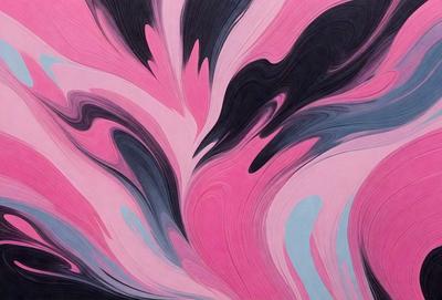 The primary subject of the image is a pink and black abstract artwork. The setting is a pink background, and the visual style is a combination of digital art and illustration. The dominant colors are pink and black, creating a bold and striking atmosphere.