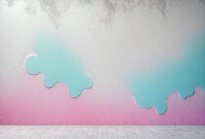 The primary subject of the image is a wall with a colorful, textured design. The wall features a combination of pink, blue, and white colors, creating a vibrant and lively atmosphere. The setting is a room with a wooden floor, which adds to the overall aesthetic of the space. The visual style of the image is a mix of digital art and illustration, as it showcases a creative and artistic design on the wall.