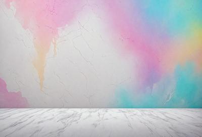 The primary subject of the image is a wall with a colorful, textured design. The setting is a room with a white marble countertop. The visual style is a combination of digital art and illustration, creating a vibrant and artistic atmosphere. The dominant colors are pink, blue, and purple, which contribute to the overall mood of the scene.