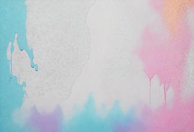 The primary subject of the image is a white wall with a blue and purple paint splattered on it. The setting is an indoor space, possibly a room or a studio. The visual style appears to be a combination of digital art and illustration, as the paint splatters are created using a digital medium. The colors and mood of the image are predominantly blue and purple, giving it a calm and artistic atmosphere.