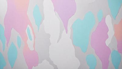 The primary subject of the image is a white and pink painting with a patterned background. The setting is a wall, and the visual style appears to be a combination of digital art and illustration. The dominant colors in the painting are white and pink, creating a warm and inviting atmosphere.