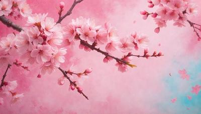 The primary subject of the image is a branch with pink flowers on it. The setting is a pink background, which adds to the overall mood of the scene. The visual style of the image is a painting, which gives it a more artistic and detailed appearance. The dominant colors in the painting are pink and white, creating a warm and inviting atmosphere.