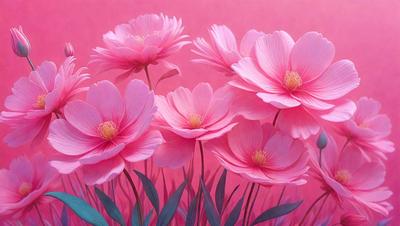 The primary subject of the image is a bouquet of pink flowers. The flowers are arranged in a visually appealing manner, creating a sense of beauty and harmony. The setting is a pink background, which adds to the overall mood and visual style of the image. The colors and mood of the image are predominantly pink, creating a warm and inviting atmosphere.
