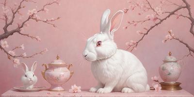 The primary subject of the image is a white rabbit sitting on a pink surface. The setting is a pink background with a white rabbit in the foreground. The visual style is a painting, and the colors and mood are predominantly pink and white, creating a warm and inviting atmosphere.