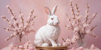 The primary subject of the image is a white rabbit sitting on a pedestal. The setting is a pink background, which adds a soft and warm atmosphere to the scene. The visual style is a combination of photo and digital art, creating a realistic yet artistic representation of the rabbit. The colors and mood are predominantly pink, which gives the image a gentle and serene feel.