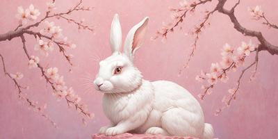 The primary subject of the image is a white rabbit sitting on a rock. The setting is a pink background with a tree in the background. The visual style is a painting, and the colors and mood are predominantly pink and warm.