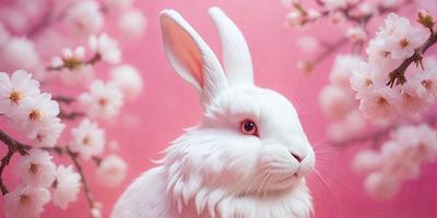 The primary subject of the image is a white rabbit with large ears, sitting in front of a pink background. The rabbit appears to be looking at the camera, creating a sense of curiosity and engagement. The setting is a pink wall, which adds a vibrant and playful atmosphere to the scene. The visual style of the image is a combination of photo and digital art, as it captures the rabbit's unique features and expressions. The colors and mood of the image are predominantly pink,