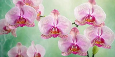 The primary subject of the image is a bouquet of pink and white orchids. The orchids are arranged in a vase, creating a beautiful and elegant display. The setting is a green background, which provides a natural and serene environment for the orchids. The visual style of the image is a close-up of the orchids, allowing the viewer to appreciate the details and beauty of the flowers. The colors and mood of the image are predominantly pink and white, giving the scene a soft and delicate