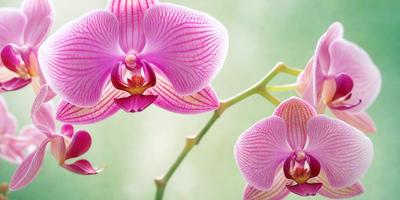 The primary subject of the image is a close-up of a pink orchid flower. The setting is a green background, which provides a natural and vibrant contrast to the flower. The visual style is a photo, capturing the beauty and details of the orchid. The dominant colors are pink and green, creating a warm and lively atmosphere.