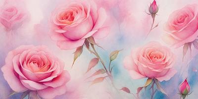 The primary subject of the image is a group of three pink roses. They are the main focus of the image, and they are depicted in a watercolor style. The setting is a pink background, which adds to the overall mood of the scene. The colors and mood of the image are predominantly pink, creating a warm and inviting atmosphere.