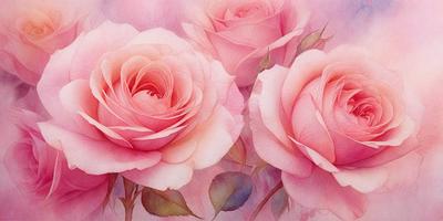 The primary subject of the image is a bouquet of three pink roses. The setting is a pink background, which adds to the overall mood of the scene. The visual style of the image is a painting, which showcases the artist's skill in capturing the beauty of the roses. The colors and mood of the painting are predominantly pink, creating a warm and inviting atmosphere.