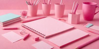 The primary subject of the image is a pink table with various items on it. The table is covered with a pink tablecloth, and there are several pink cups and pink pencils scattered across the surface. Additionally, there is a notebook and a book on the table, along with a pair of scissors. The setting appears to be a workspace or a creative environment. The visual style of the image is a combination of photo and digital art, creating a vibrant and colorful scene.