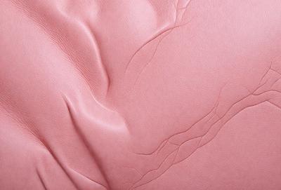 The primary subject of the image is a close-up of a pink leather surface. The setting is a room with a pink background. The visual style is a photo, and the colors and mood are predominantly pink, giving the image a warm and inviting atmosphere.