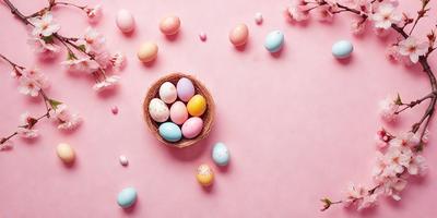 The primary subject of the image is a woven basket filled with colorful eggs. The basket is placed on a pink surface, which adds a touch of warmth and softness to the scene. The eggs come in various colors, including blue, pink, and yellow, creating a visually appealing and vibrant display. The overall atmosphere of the image is cheerful and inviting, with the eggs symbolizing new beginnings and the pink surface representing a sense of comfort and warmth.