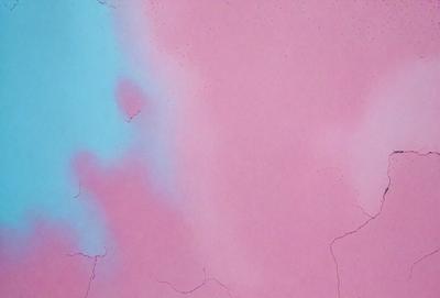 The primary subject of the image is a pink and blue painting on a wall. The setting is a room with a pink and blue color scheme. The visual style is a painting, and the colors and mood are vibrant and lively.
