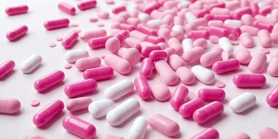 The primary subject of the image is a large pile of pink and white pills. The pills are arranged in a visually appealing manner, creating a sense of abundance and health. The setting is a white surface, which provides a clean and uncluttered backdrop for the pills. The visual style of the image is a close-up of the pills, emphasizing their shape and color. The colors and mood of the image are predominantly pink and white, giving the scene a sense of