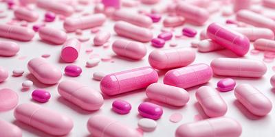The primary subject of the image is a large number of pink and white pills. The pills are scattered across a white surface, creating a visually striking scene. The setting appears to be a white background, which provides a clean and uncluttered environment for the pills. The visual style of the image is a close-up of the pills, emphasizing their shape and color. The dominant colors in the image are pink and white, giving the scene a bright and cheerful atmosphere.