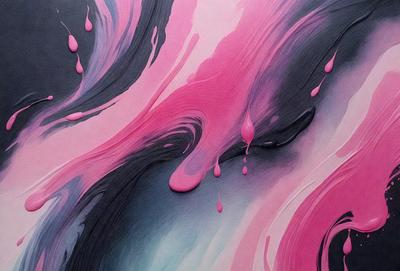 The primary subject of the image is a painting featuring a pink and purple color scheme. The painting is set against a black background, creating a striking contrast. The visual style of the painting appears to be a combination of digital art and illustration, giving it a unique and artistic appearance. The dominant colors in the painting are pink and purple, creating a warm and inviting atmosphere.