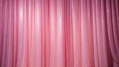 The primary subject of the image is a pink curtain with glittery, sparkly material. The curtain is hanging in front of a pink background, creating a visually appealing scene. The visual style of the image is a close-up of the curtain, showcasing its texture and details. The colors and mood of the image are predominantly pink, giving it a warm and inviting atmosphere.