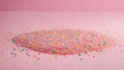 The primary subject of the image is a pink surface with a large amount of colorful sprinkles scattered across it. The setting appears to be a pink table, and the visual style is a close-up of the sprinkles on the table. The colors and mood of the image are vibrant and cheerful, with the pink background and the bright colors of the sprinkles creating a lively and playful atmosphere.