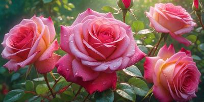 The primary subject of the image is a pink rose with drops of water on it. The rose is surrounded by green leaves, and it is located in a garden setting. The visual style of the image is a photo, capturing the beauty of the rose in its natural environment. The dominant colors in the image are pink and green, creating a serene and calming atmosphere.
