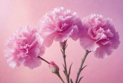 The primary subject of the image is a bouquet of three pink flowers. The flowers are arranged in a vase, which is placed on a pink background. The visual style of the image is a photo, capturing the beauty of the flowers and their surroundings. The colors and mood of the image are predominantly pink, creating a warm and inviting atmosphere.