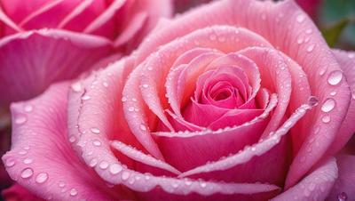 The primary subject of the image is a pink rose with drops of water on it. The rose is the main focus of the image, and it is set against a backdrop of water droplets. The visual style of the image is a close-up of the rose, showcasing its details and texture. The colors in the image are predominantly pink, which gives the image a warm and romantic atmosphere.