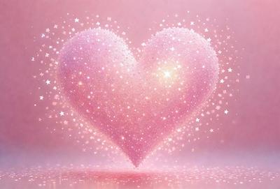 The primary subject of the image is a heart-shaped object, which appears to be a digital art or illustration. The heart is pink and has a glittery, sparkly effect, giving it a shiny and luminous appearance. The setting is a pink background, which complements the heart's color and adds to the overall mood of the image. The visual style is a combination of digital art and illustration, creating a unique and eye-catching design.