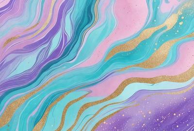 The primary subject of the image is a painting featuring a colorful, swirling design with gold accents. The setting is a purple and blue background, which adds to the overall mood of the painting. The visual style is a combination of digital art and illustration, creating a unique and eye-catching piece of art. The dominant colors are purple, blue, and gold, giving the painting a vibrant and lively atmosphere.