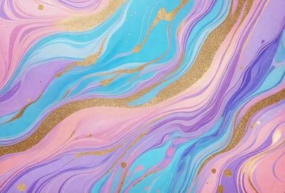 The primary subject of the image is a colorful, swirling pattern that resembles a painting or a digital artwork. The setting is a wall, and the visual style appears to be a combination of photo and digital art. The dominant colors in the image are purple, blue, and gold, creating a vibrant and lively atmosphere.