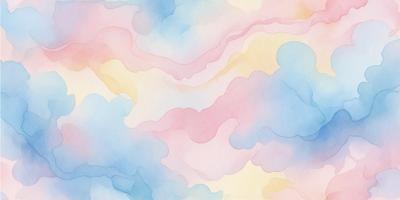 The primary subject of the image is a colorful, abstract painting featuring a cloudy sky. The setting is a cloudy sky, and the visual style is a watercolor painting. The dominant colors in the painting are pink, blue, and yellow, creating a warm and vibrant atmosphere.