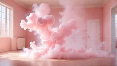 The primary subject of the image is a large, pink cloud that is floating in the air. The cloud is surrounded by a pink room, which adds to the overall atmosphere of the scene. The visual style of the image is a combination of photo and digital art, creating a unique and eye-catching effect. The dominant colors in the image are pink, which gives the scene a warm and inviting mood.