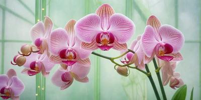 The primary subject of the image is a bouquet of pink and white orchids. The orchids are arranged in a vase, creating a beautiful and elegant display. The setting is a green background, which adds a natural and fresh touch to the scene. The visual style of the image is a close-up of the orchids, allowing the viewer to appreciate the details and beauty of the flowers. The colors and mood of the image are predominantly pink and white, giving it a soft and delicate appearance.